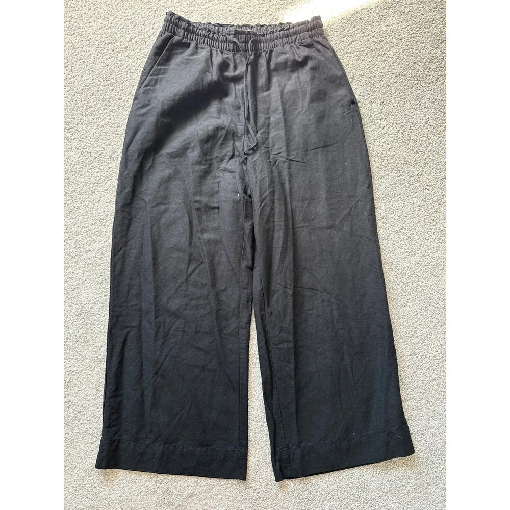HM Womens Black Linen Blend Wide Leg Paperbag Waist Drawstring Pants Size S
